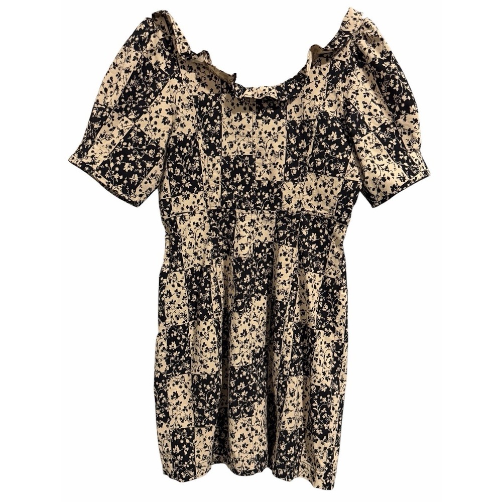 Anthropologie Ruffled Puff Sleeve Floral Smocked Dress   Tan/Black Womens Size 8 - Picture 2 of 12
